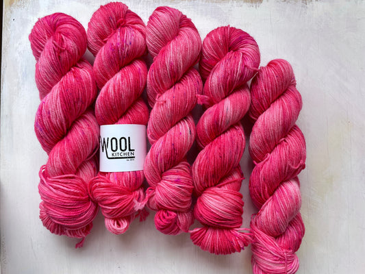 Raspberry Ripple from the BFL DK Wool collection by the hand dyed yarn expert, The Wool Kitchen