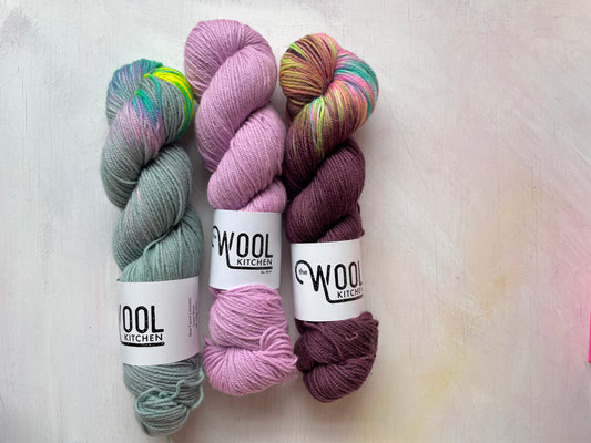 SALE yarn mixed trio Aurora Lilac Love Rouge BFL DK wool from the hand dyed yarn expert, The Wool Kitchen