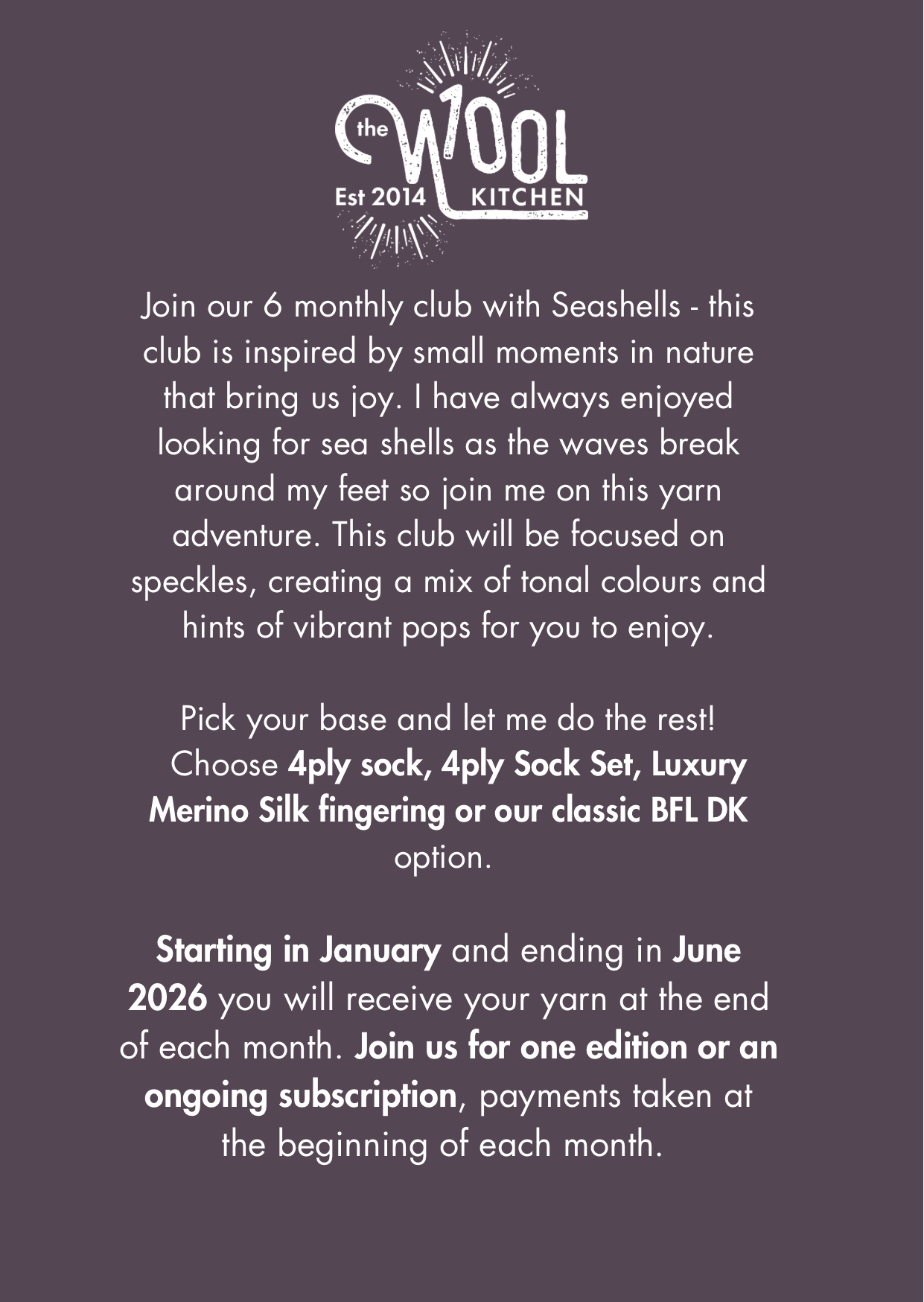 Seashells information card for the seashells yarn club by the hand dyed yarn expert, The Wool Kitchen.